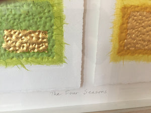 close up of the four seasons textured abstract with embossed paper and gold leaf by textural artist gill hickman