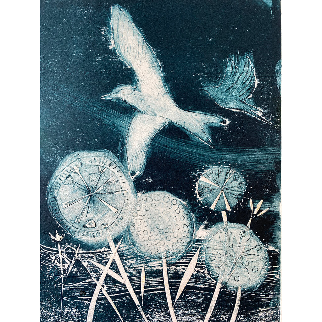 Freedom Blues by Helen Trevisiol Duff limited edition handmade print of birds and flowers