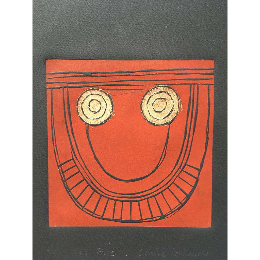 Cut Face by artist Corrine Edwards is gold and red ink on black Somerset paper. Available as a limited edition of 6.