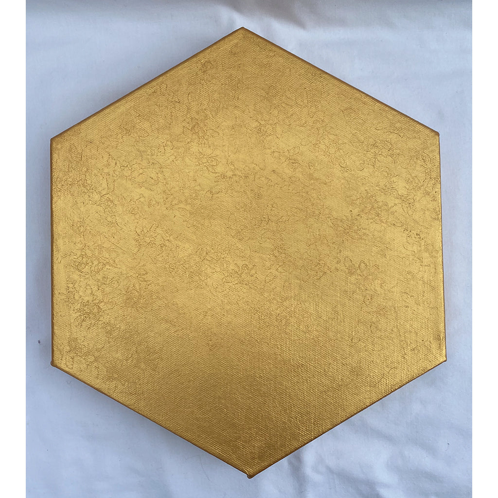 Golden Hexagon by Corrine Edwards Gold Acrylic paint stamped with image of a Honey bee