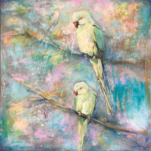 Happy Days by Sarita Keeler mixed media artwork of two London parakeet birds on branches against a beautiful colourful background