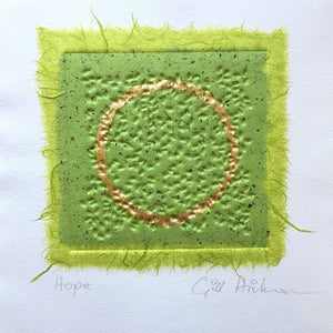 Hope original embossed collage in green with a circle in gold leaf by London textural artist Gill Hickman
