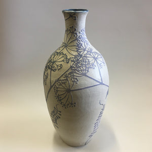 Handmade stoneware vase with cobalt oxide sgraffito decoration depicting umbellifer wild flowers