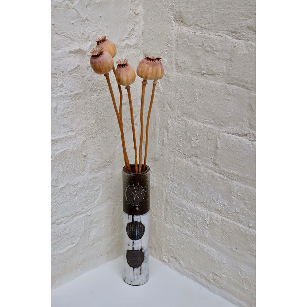 Incised Circles Vase by Caroline Nuttall-Smith one of a kind hand built black stoneware cylinder vase featuring incised clay slip line.