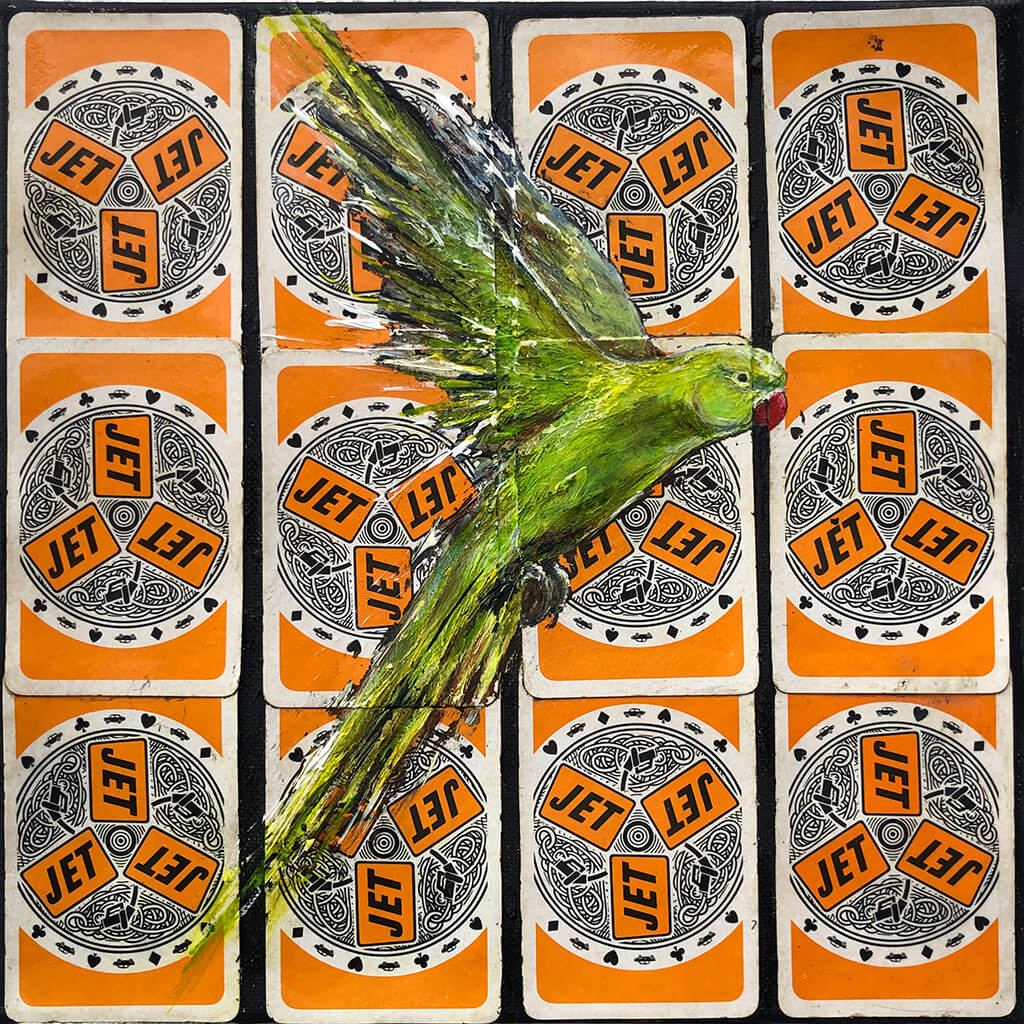 Jett Cards green parakeet bird original acrylic mixed media artwork by Sarita Keeler