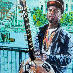 West African kora player musician performing on London's South Bank mixed media drawing on paper artwork by Stella Tooth detail