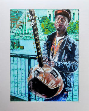 West African kora player musician performing on London's South Bank mixed media drawing on paper artwork by Stella Tooth display
