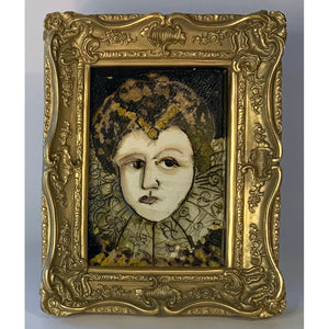 Lady Of the Manor by mixed media figurative artist Heather Tobias pen ink and bleach drawing in an ornate gilded frame