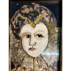 Lady Of the Manor by mixed media figurative artist Heather Tobias pen ink and bleach drawing in an ornate gilded frame portrait