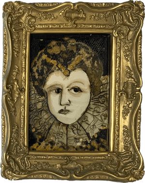 Lady Of the Manor by mixed media figurative artist Heather Tobias pen ink and bleach drawing in an ornate gilded frame Wall
