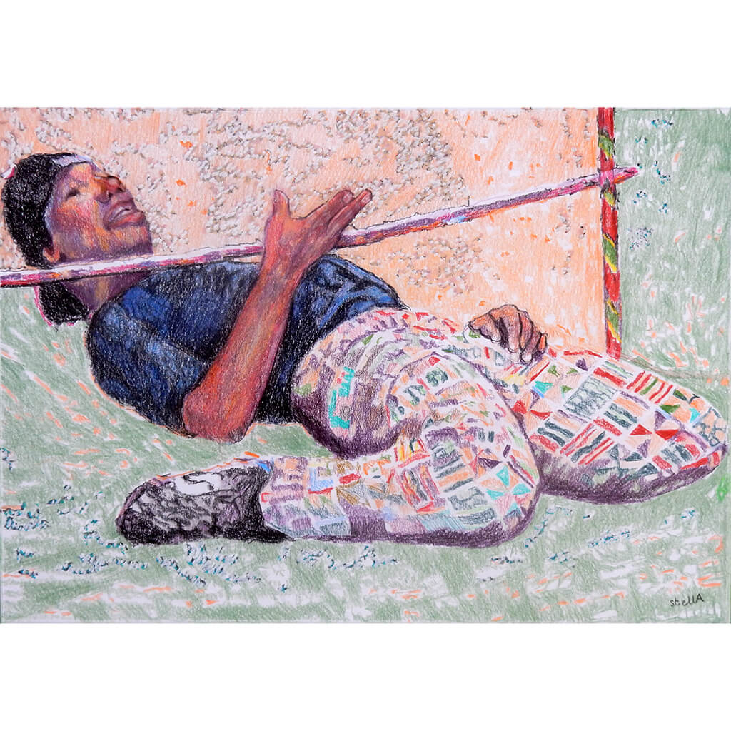 Limbo How low can you go mixed media drawing artwork on paper artwork by Stella Tooth street performer in London Landscape