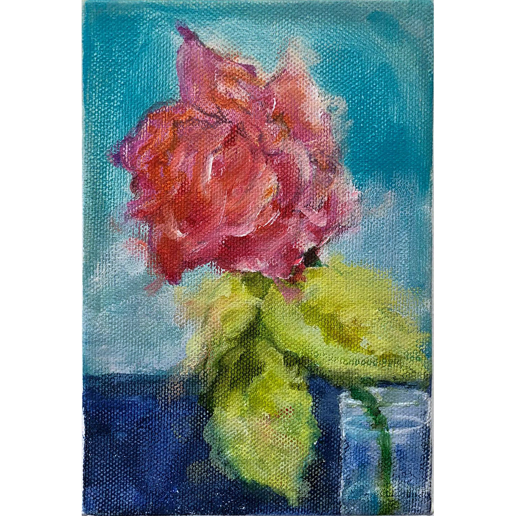 Original small acrylic on canvas painting of a pink rose flower in a glass vase against a sky blue wall by London artist Sarita Keeler