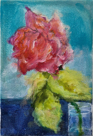 Original small acrylic on canvas painting of a pink rose flower in a glass vase against a sky blue wall by London artist Sarita Keeler