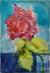 Original small acrylic on canvas painting of a pink rose flower in a glass vase against a sky blue wall by London artist Sarita Keeler