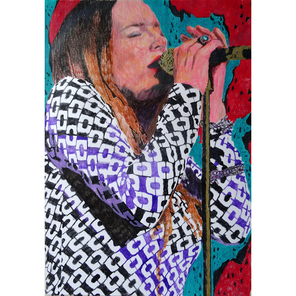 Lynne Jackaman musician and singer performing at the Half Moon Putney mixed media drawing on paper artwork by Stella Tooth