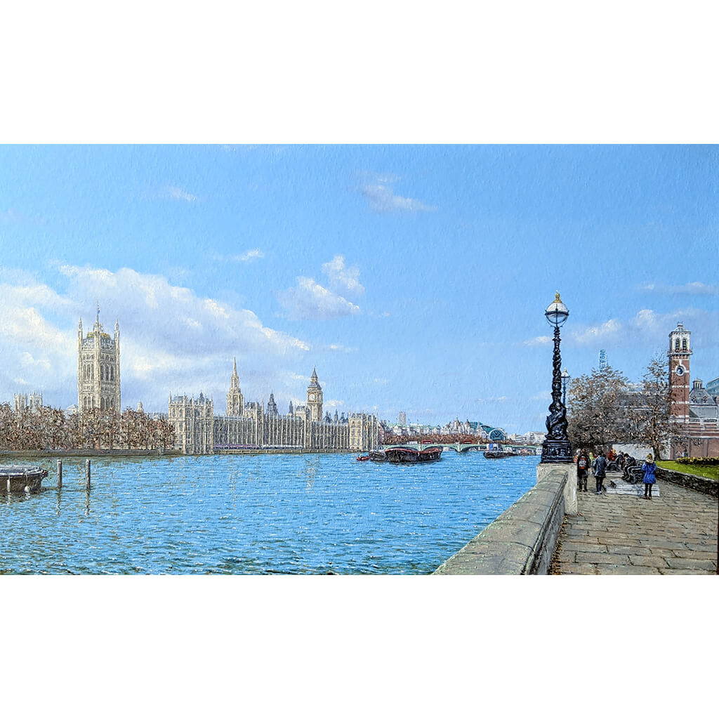Palace of Westminster from Albert Embankment original oil on canvas painting by Mark Lodge