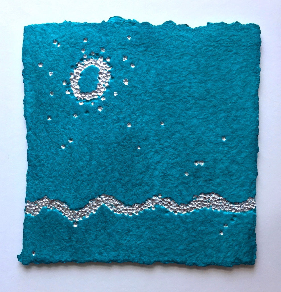 original artwork in blue and silver by London-based textural artist gill hickman, a semi-abstract moon shines on the ocean surface