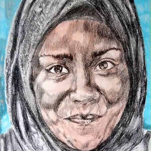 Nadiya Jamir Hussain by Stella Tooth original mixed media portrait drawing on paper of television presenter and chef detail