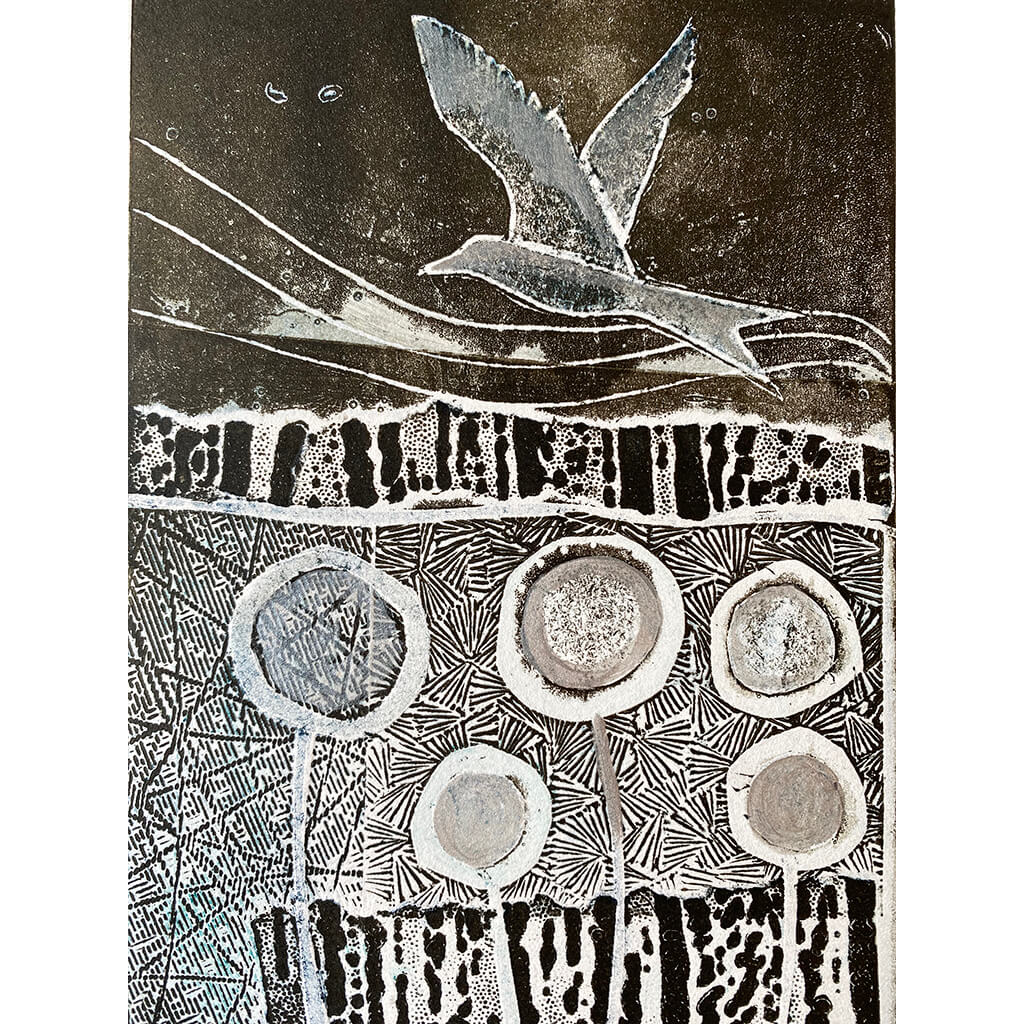 Night Flight by Helen Trevisiol Duff limited edition handmade print of birds and flowers