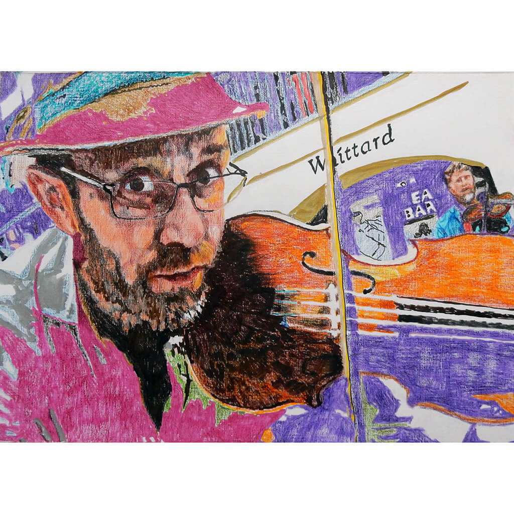 Oopsie Mamushka musician busking in Covent Garden mixed media drawing on paper original artwork by Stella Tooth