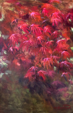 Original large painting in shades of red titled Ruby Acer by artist Claire Thorogood depicting red Japanese maple leaves wall