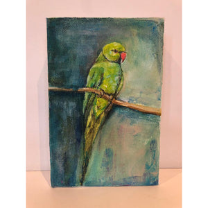 Parakeet original acrylic and pastel mixed media artwork of a green parakeet bird by London artist Sarita Keeler
