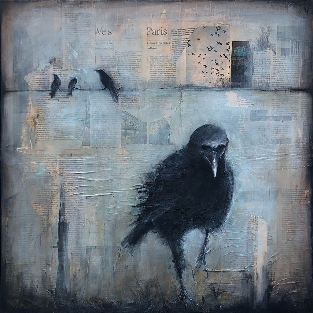 Parisian Raven mixed media on canvas painting of raven birds by Sarita Keeler