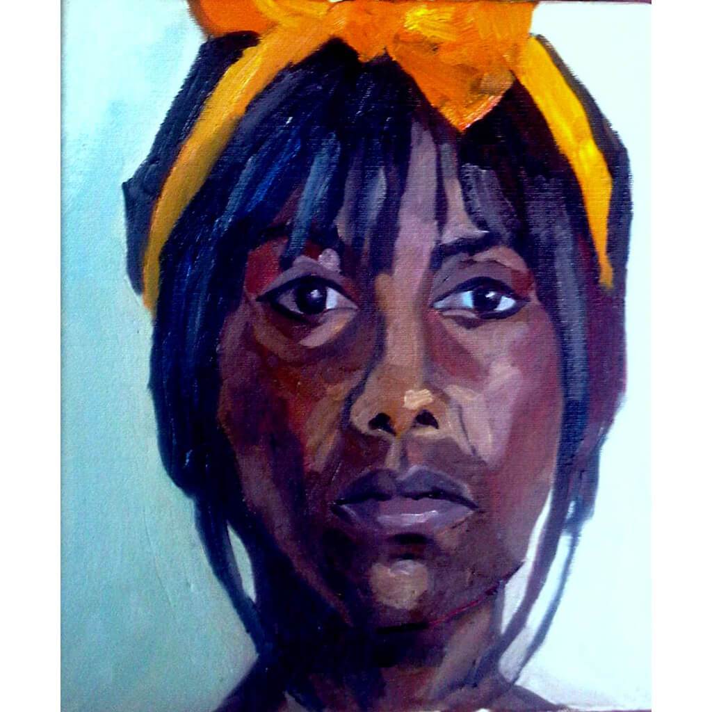 Pauline in yellow ribbon oil on canvas artwork by Stella Tooth