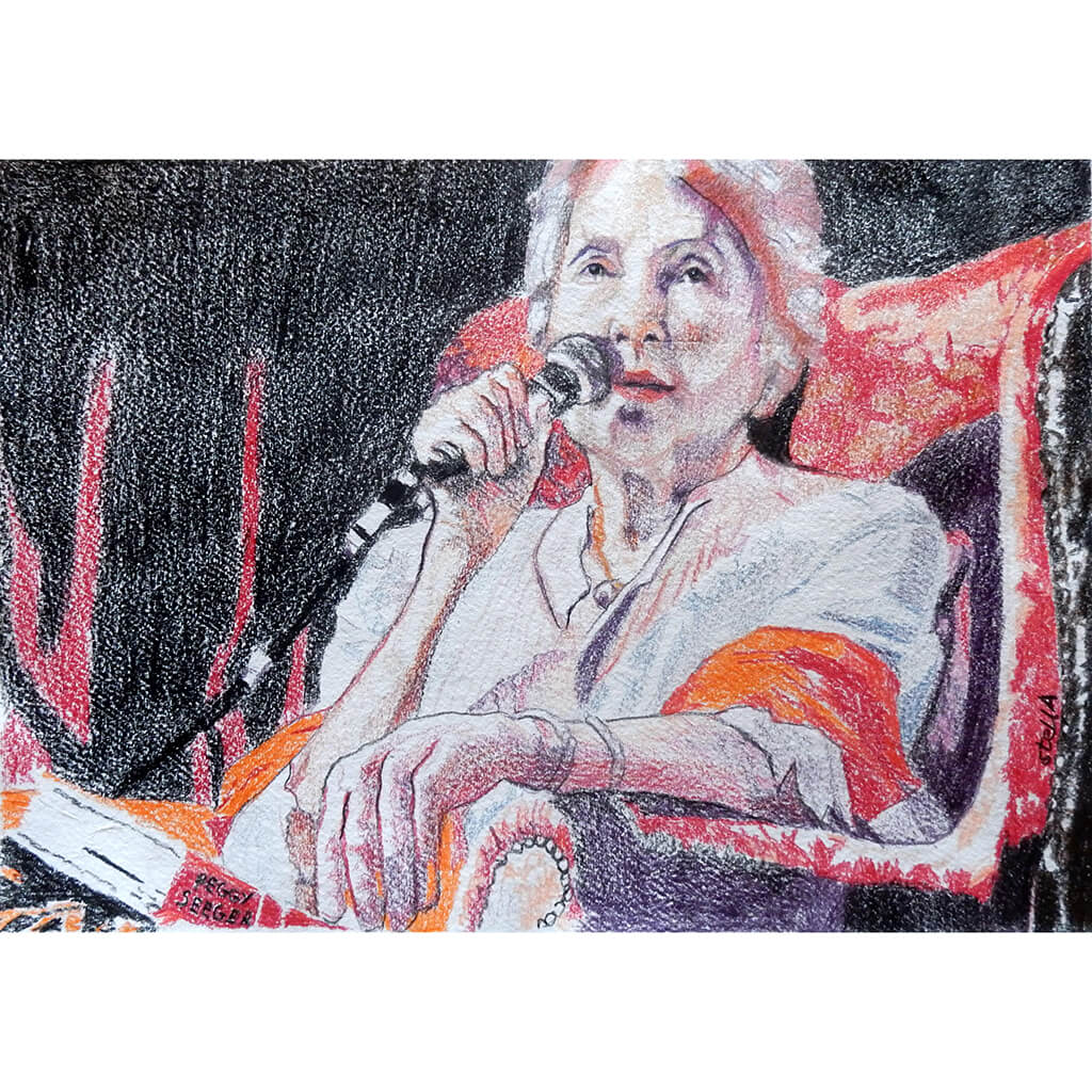 Peggy Seeger musician and singer performing at the Half Moon Putney original drawing on paper artwork by Stella Tooth