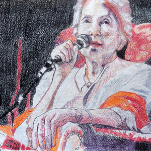 Peggy Seeger musician and singer performing at the Half Moon Putney original drawing on paper artwork by Stella Tooth Detail