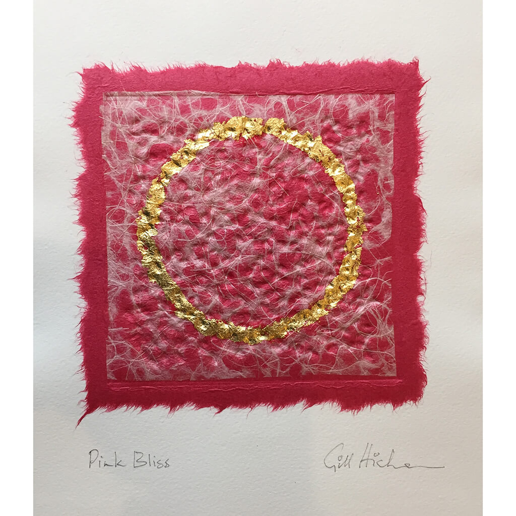 Pink Bliss embossed collage with real gold leaf circle by London based textural artist Gill Hickman 