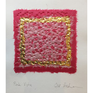 Pink Vista embossed collage with real gold leaf square by London based textural artist Gill Hickman 