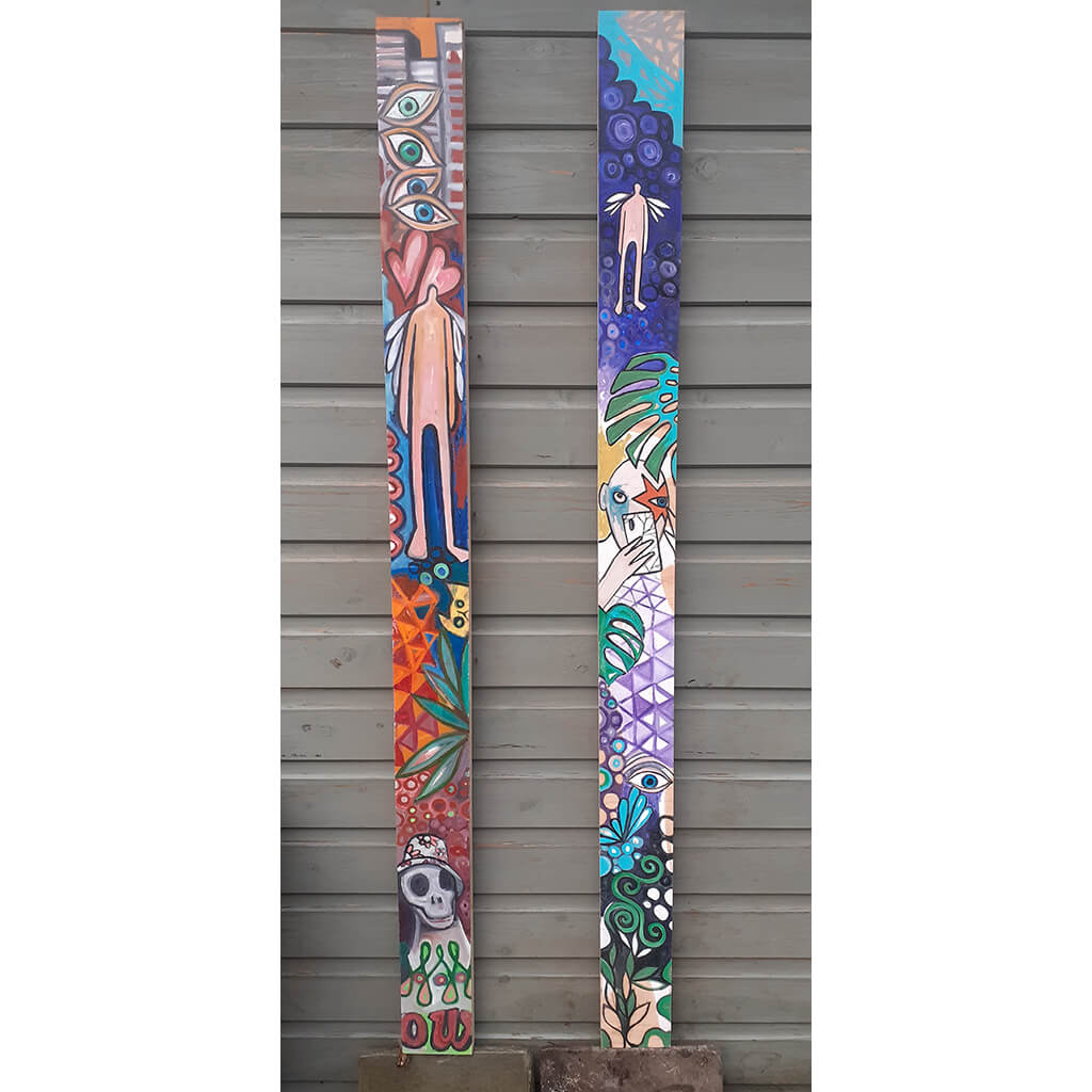 Plank of Life by Wilf Frost original artwork painted in bright colours onto two thick plywood planks with oil and acrylic
