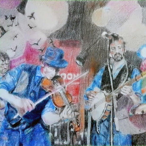 Police Dog Hogan at the Half Moon Putney Mixed media on paper of musician by London based performer artist Stella Tooth Detail