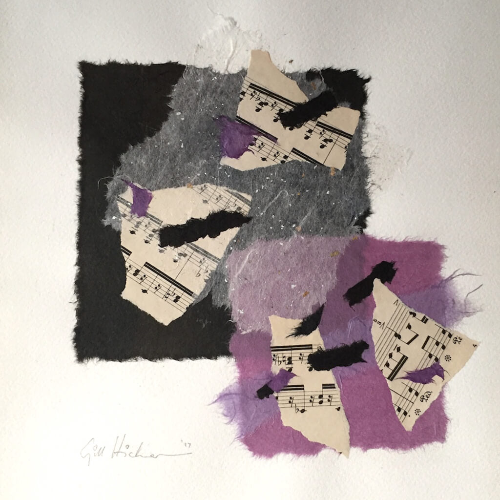 Purple Melody by Gill Hickman a collage artwork in purple and black featuring music notes.