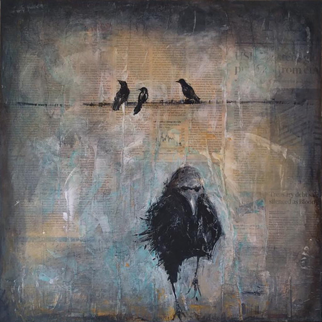 Raven original acrylic and pastel mixed media artwork of raven bird with birds on a wire by London artist Sarita Keeler