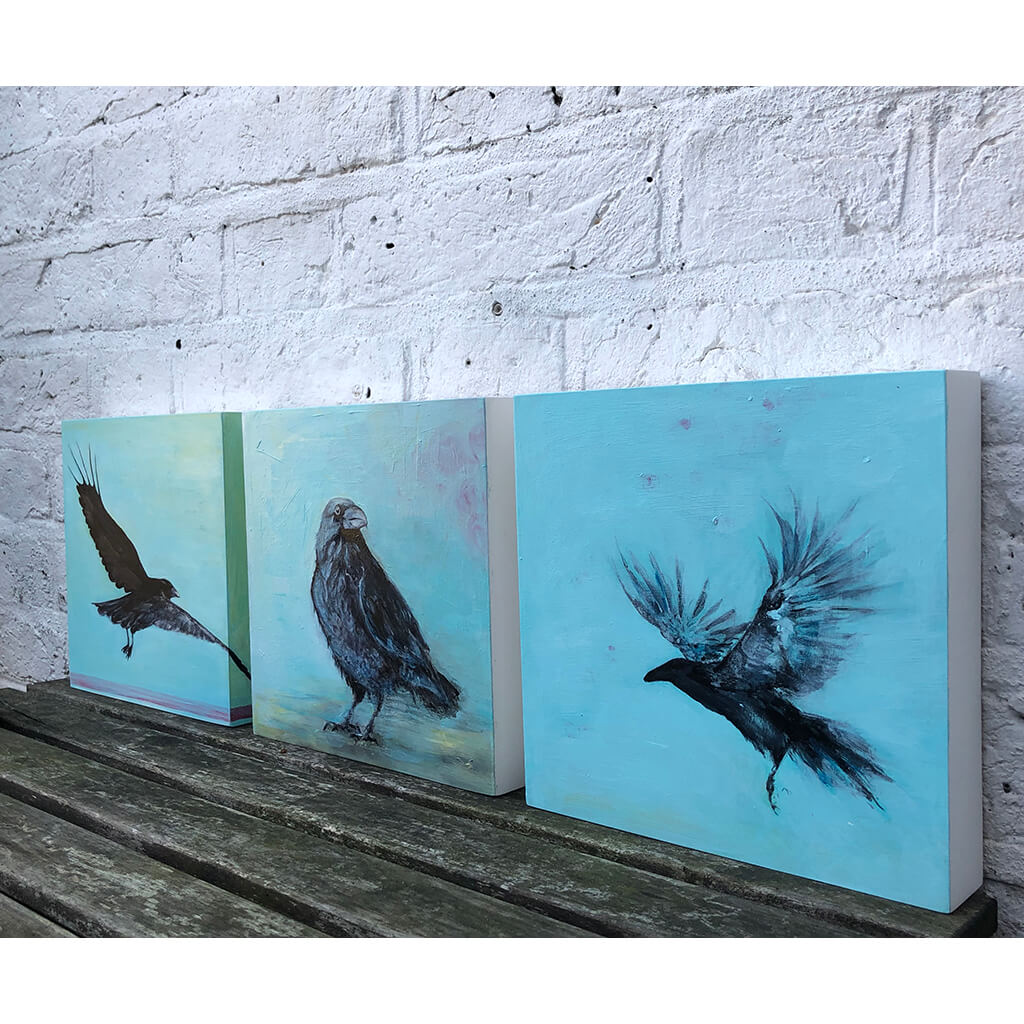 Raven by Sarita Keeler original acrylic on board painting on sky blue