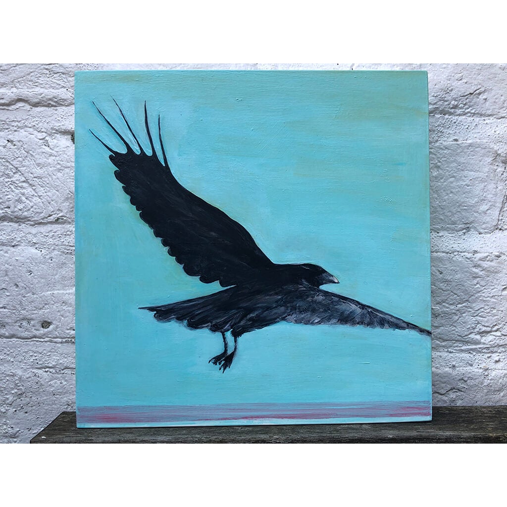 Raven by Sarita Keeler original acrylic on board painting on sky blue