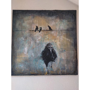 Raven original acrylic and pastel mixed media artwork of raven bird with birds on a wire by London artist Sarita Keeler