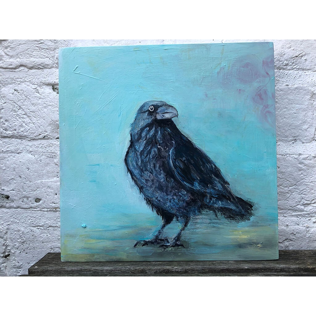 Raven by Sarita Keeler original acrylic on board painting on sky blue