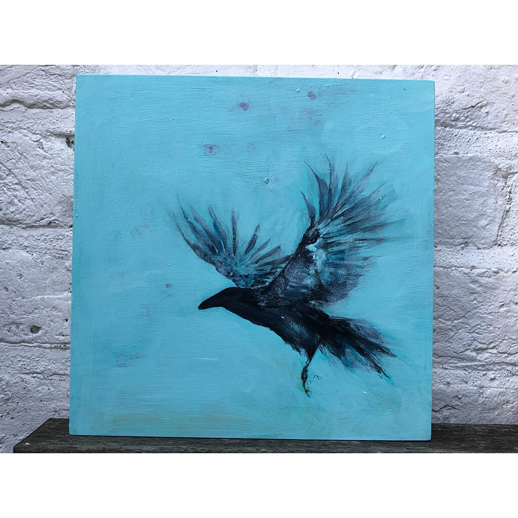 Raven by Sarita Keeler original acrylic on board painting on sky blue