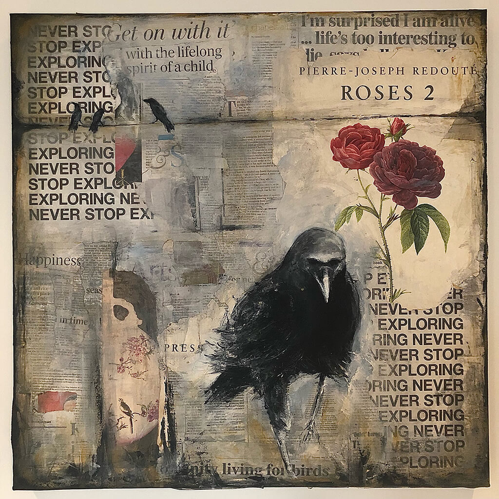 Raven On The News acrylic on canvas painting of a raven bird and red rose flower by Sarita Keeler