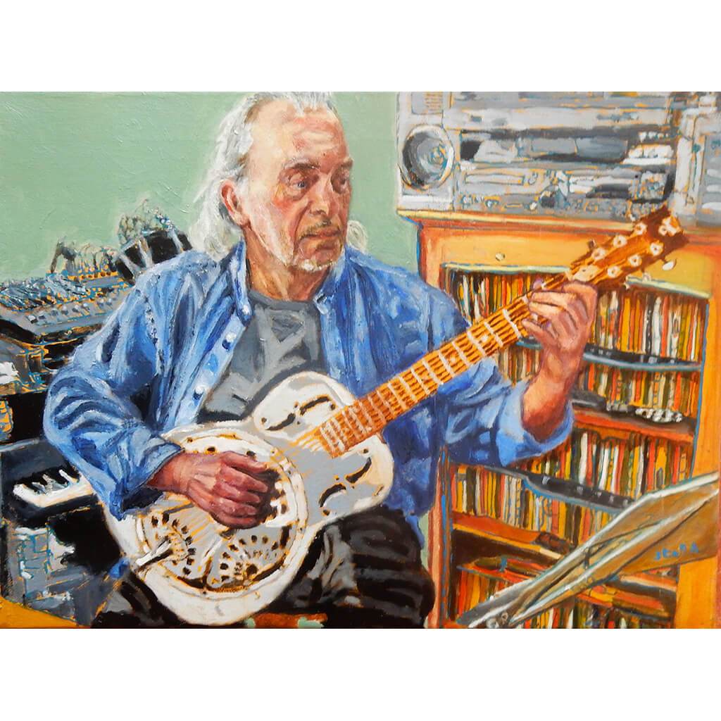 Robert Hokum performing in lockdown oil on canvas artwork by Stella Tooth
