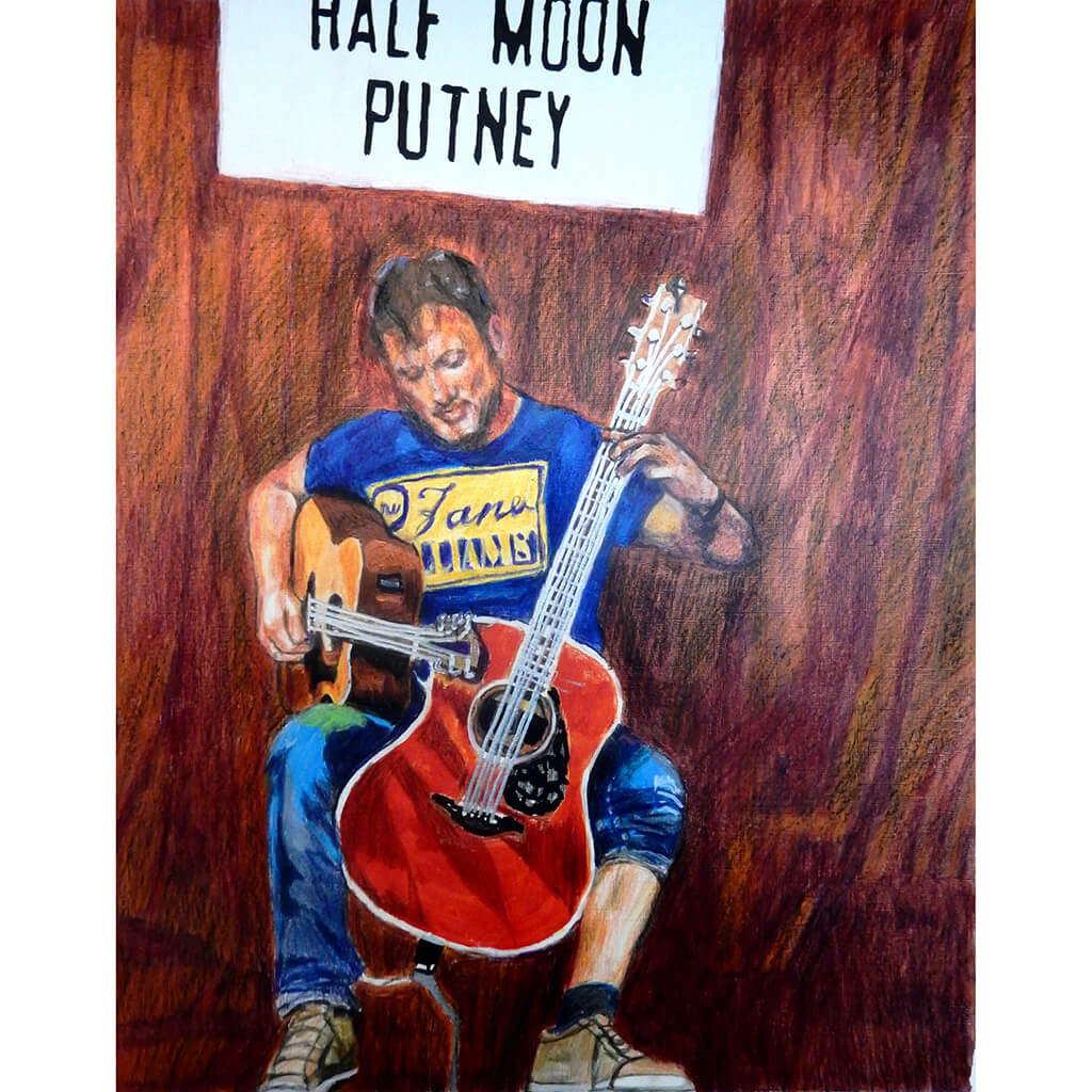 Rodney Branigan at the Half Moon Putney mixed media portrait of guitarist by musician artist Stella Tooth