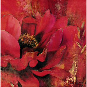 Roja Por Siempre by London artist Smita Sonthalia original framed acrylic on canvas painting featuring large flower petals in shades of red.