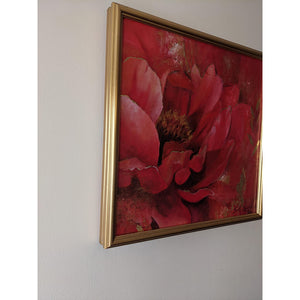 Roja Por Siempre by London artist Smita Sonthalia original framed acrylic on canvas painting featuring large flower petals in shades of red side