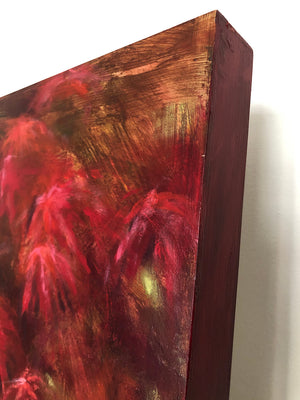 Original large painting in shades of red titled Ruby Acer by artist Claire Thorogood depicting red Japanese maple leaves Detail