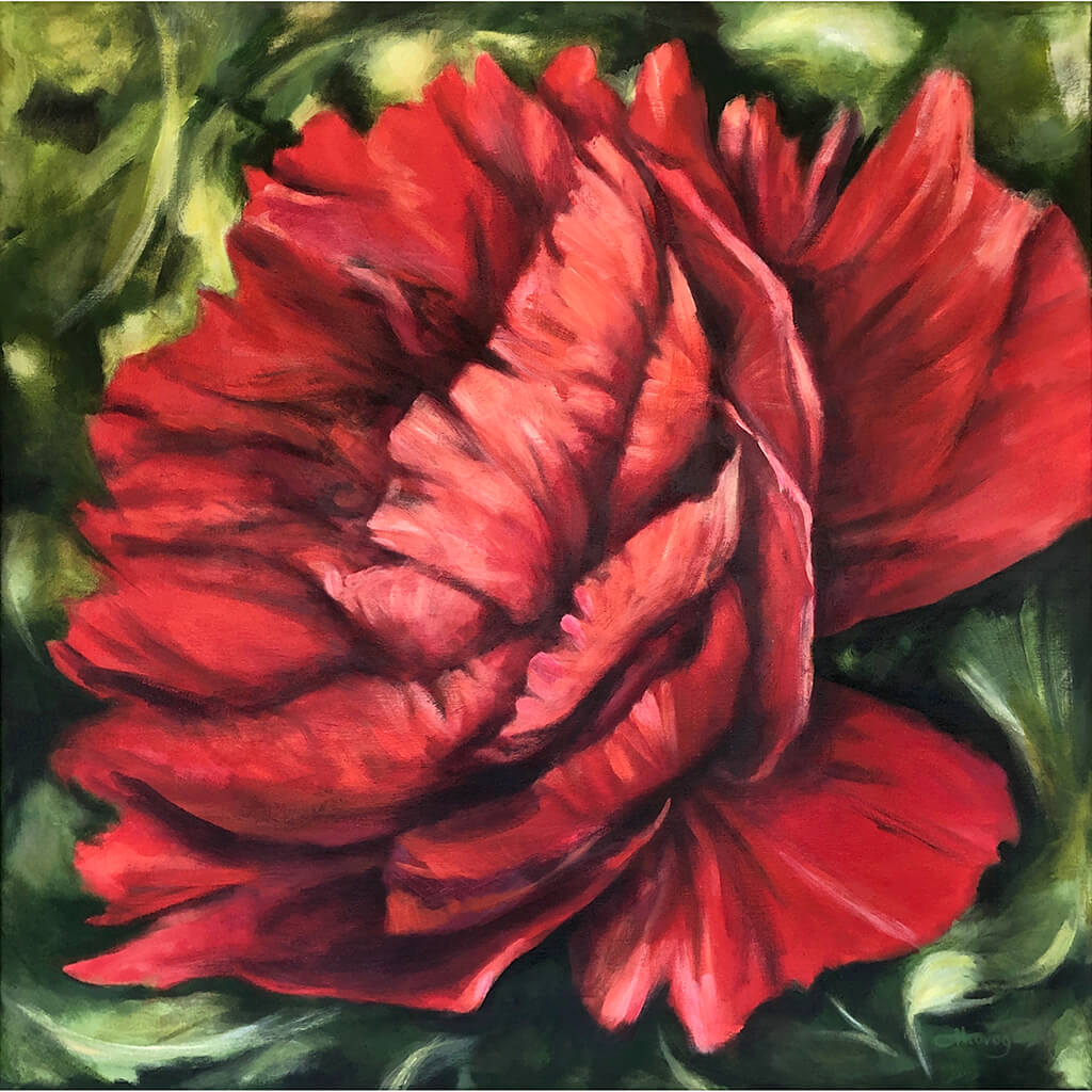 Scarlet Peony large red painting in acrylic on canvas by flower and nature painter Claire Thorogood