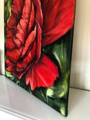 Scarlet Peony large red painting in acrylic on canvas by flower and nature painter Claire Thorogood Detail