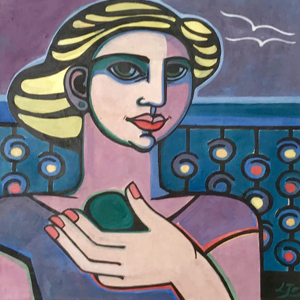 Glazed earthenware ceramic hand painted tile of a woman with painted nails holding a piece of sea glass by artist Linda Samson